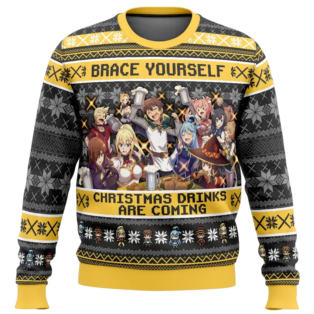 Brace Yourself Christmas Drinks Are Coming Konosuba Ugly Christmas Sweater, Kazuma Aqua Megumin Anime Holiday Sweater, All Over Print Xmas