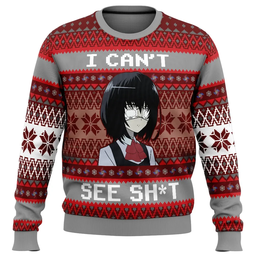 I Can't See Mei Misaki Another Ugly Christmas Sweater, Bandaged Eyes Horror Anime Holiday Sweater, Funny Unisex Sweatshirt, Xmas Gift for Fans