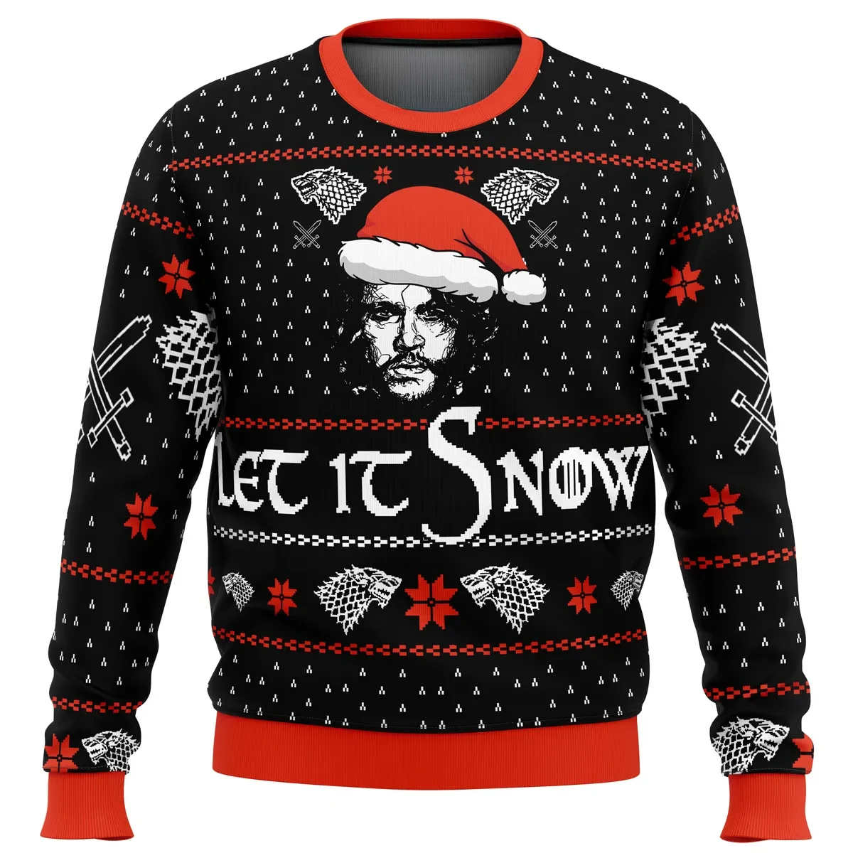 Let It Snow Jon Snow Game of Thrones Ugly Christmas Sweater, GOT Holiday Sweater, Stark Direwolf Sigil TV Show Xmas Gift for Fans