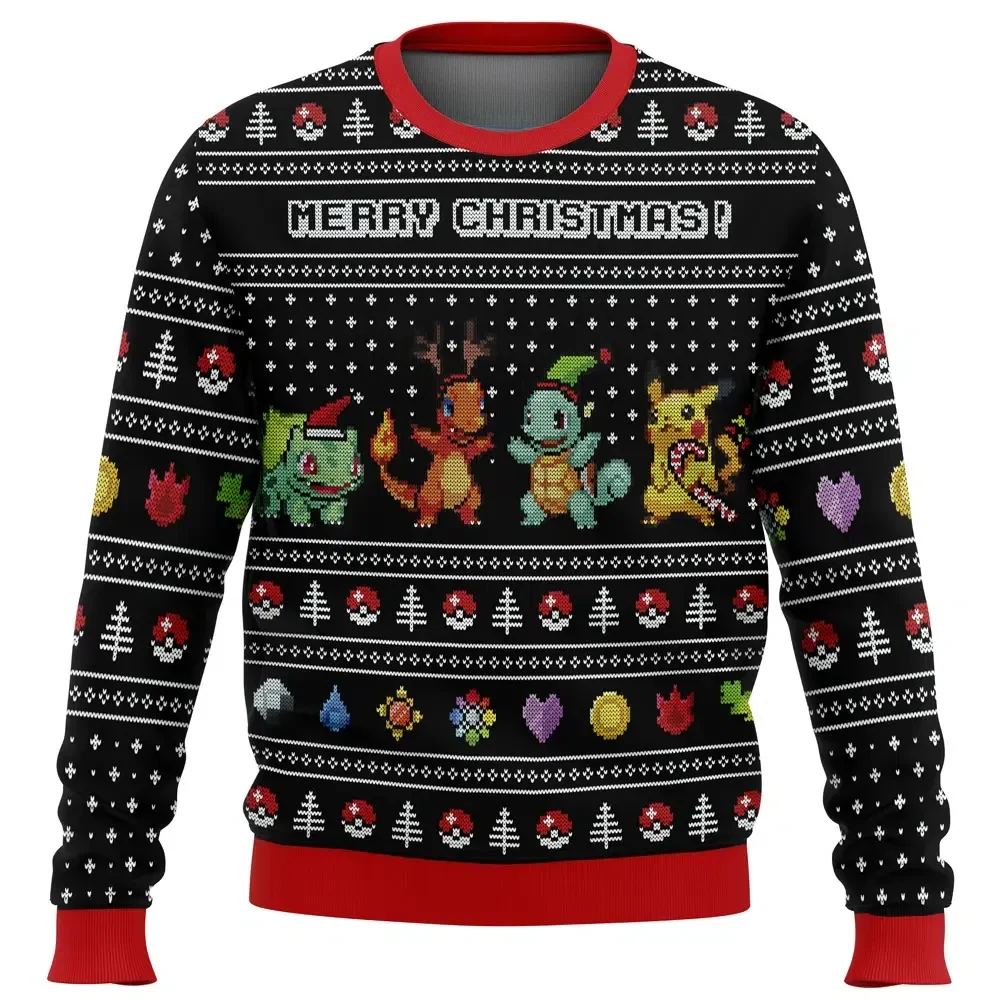 Pokemon Kanto Starters Ugly Christmas Sweater, Pikachu Bulbasaur Charmander Squirtle Holiday Sweater, Gamer Xmas Jumper
