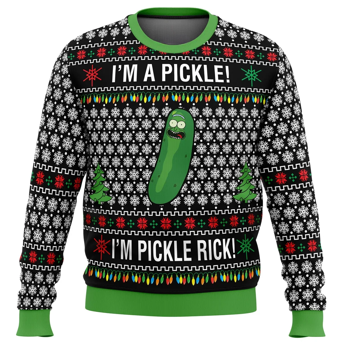 I'm Pickle Rick Ugly Christmas Sweater, Rick and Morty Black and White Snowflake Holiday Sweater, Funny Cartoon Xmas Gift for Animation Fans