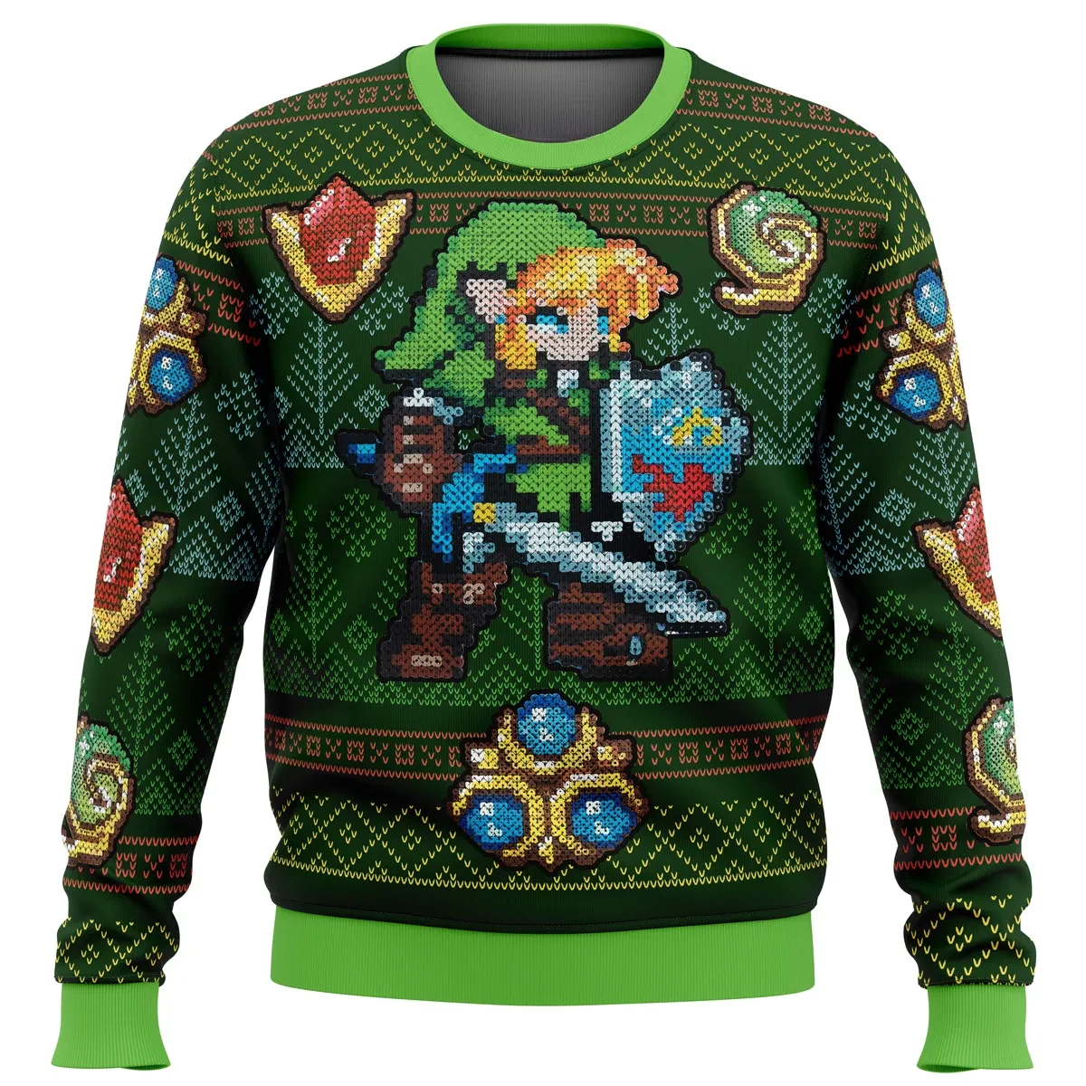 Legend of Zelda Link Green Ugly Christmas Sweater, Hylian Shield and Triforce Holiday Sweater, Unisex All Over Print Xmas Sweatshirt, Gamer Gift
