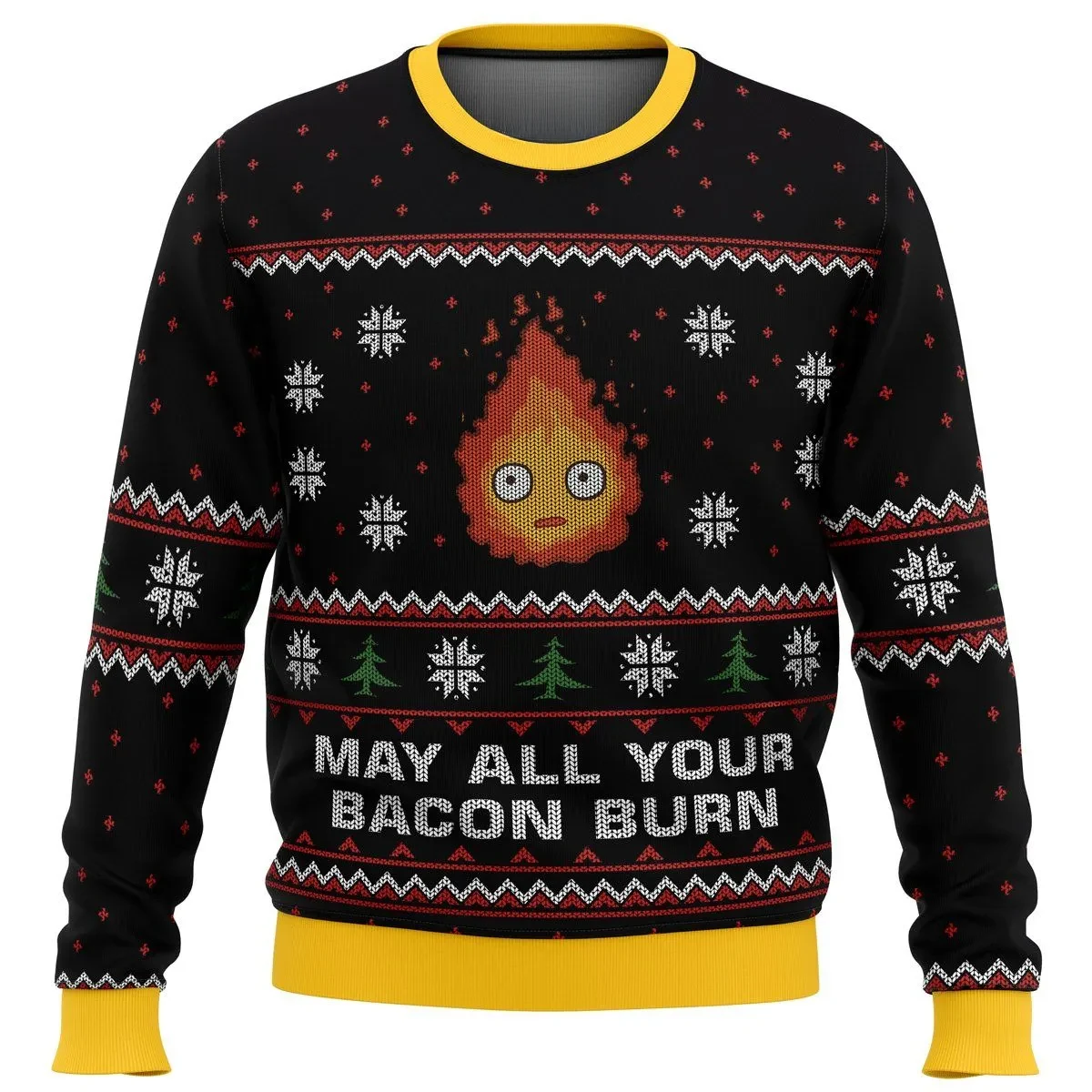 May All Your Bacon Burn Calcifer Ugly Christmas Sweater, Howl's Moving Castle Studio Ghibli Holiday Sweater, Anime Xmas Jumper