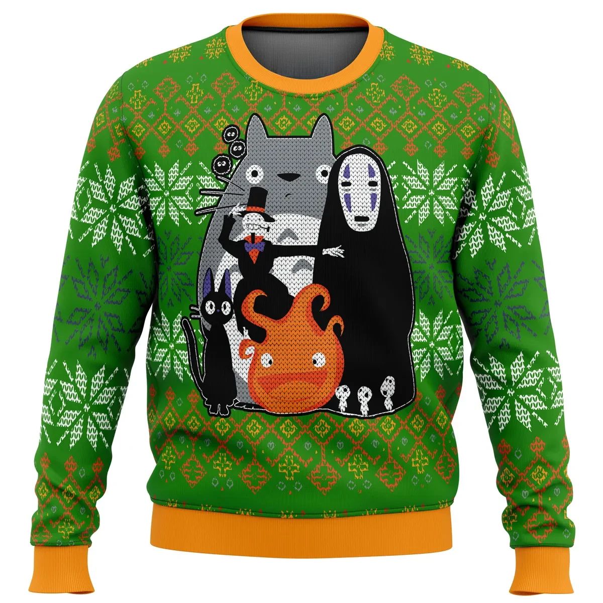 Studio Ghibli Miyazaki Squad Ugly Christmas Sweater, Totoro No Face Calcifer Holiday Sweater, Jiji and Kodama, Anime Xmas Gift for Ghibli Fans