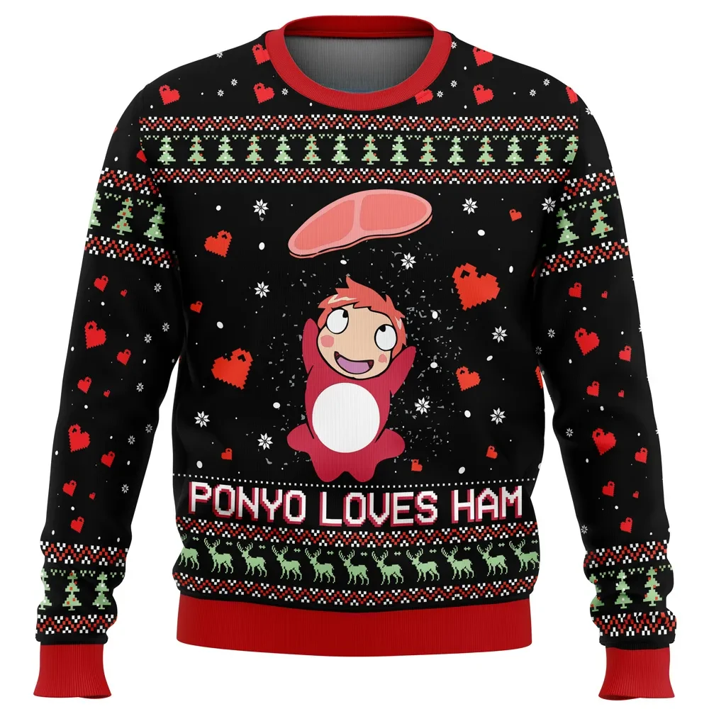 Ponyo Loves Ham Studio Ghibli Ugly Christmas Sweater, Miyazaki Anime Holiday Sweater, Cute Ponyo on the Cliff Anime Xmas Gift for Fans