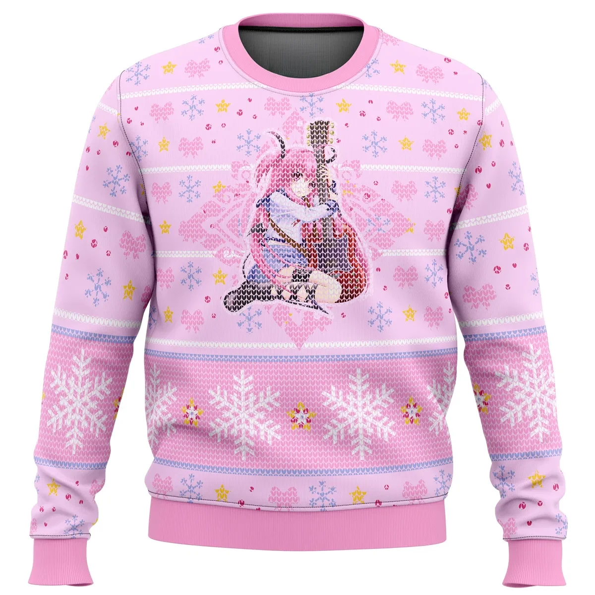 Angel Beats Yui Loves Guitar Ugly Christmas Sweater, Cute Pink Anime Holiday Sweater, Unisex Xmas Sweatshirt Gift for Angel Beats Fans