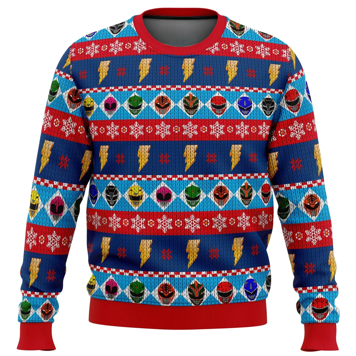Mighty Helmets Power Rangers Ugly Christmas Sweater, Ranger Helmets and Lightning Bolts Holiday Sweater, 90s TV Xmas Gift for Retro Fans