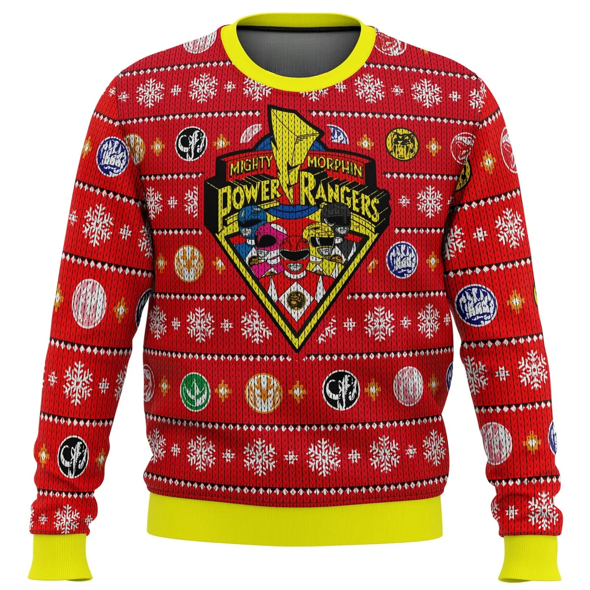 Mighty Morphin Power Rangers Ugly Christmas Sweater, Power Coins Holiday Sweater, Red and Yellow 90s Retro TV Pullover, Xmas Gift