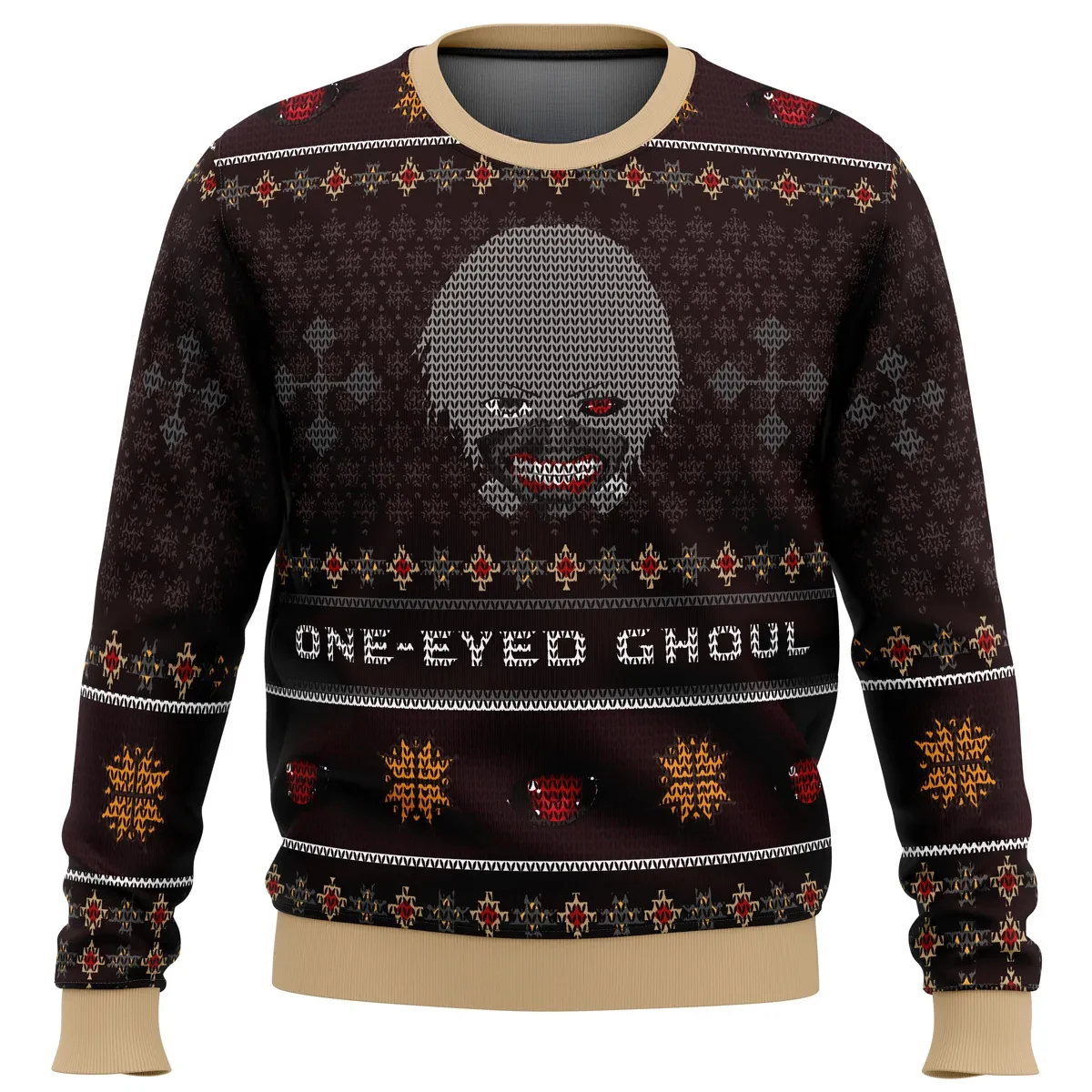 Ken Kaneki One-Eyed Ghoul Tokyo Ghoul Ugly Christmas Sweater, Masked Kaneki Anime Holiday Sweater, Dark Maroon Unisex Sweatshirt, Anime Xmas Gift
