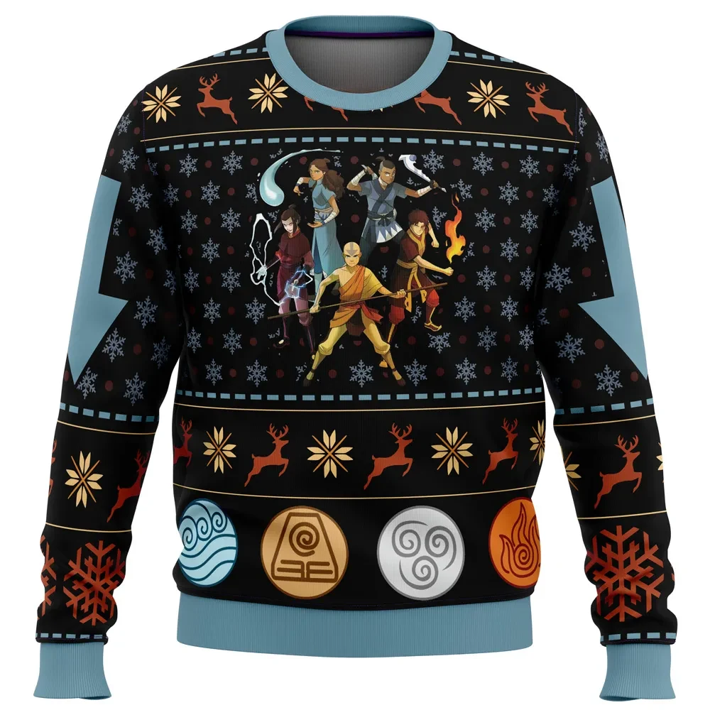 Avatar The Last Airbender Ugly Christmas Sweater, Aang and Team Avatar Holiday Sweater, Four Nations Element Symbols, Anime Xmas Gift