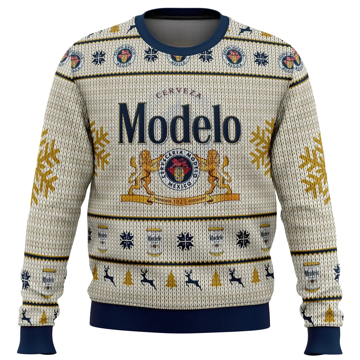 Cerveza Modelo Ugly Christmas Sweater, Modelo Beer Holiday Sweater, Mexican Beer Lover Drinking Xmas Party Gift, Unisex Crew Neck Sweatshirt