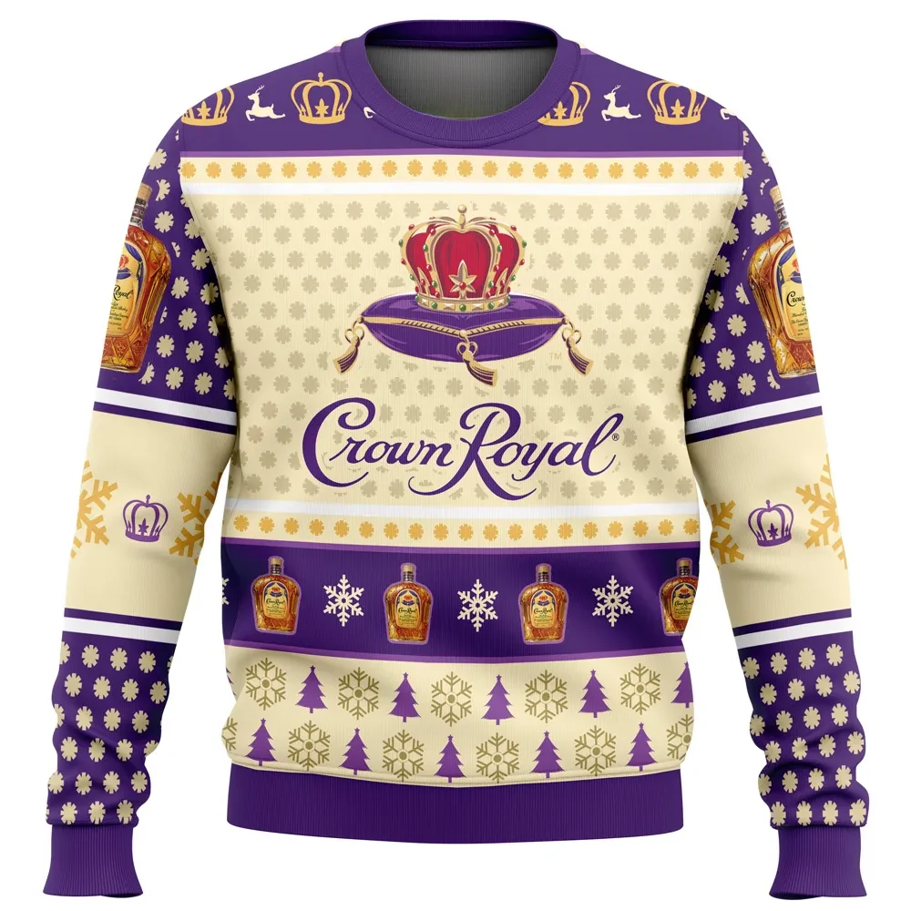 Crown Royal Whiskey Ugly Christmas Sweater, Whisky Lover Holiday Sweater, Purple Pillow and Bottles Pattern, Funny Drinking Xmas Party Gift