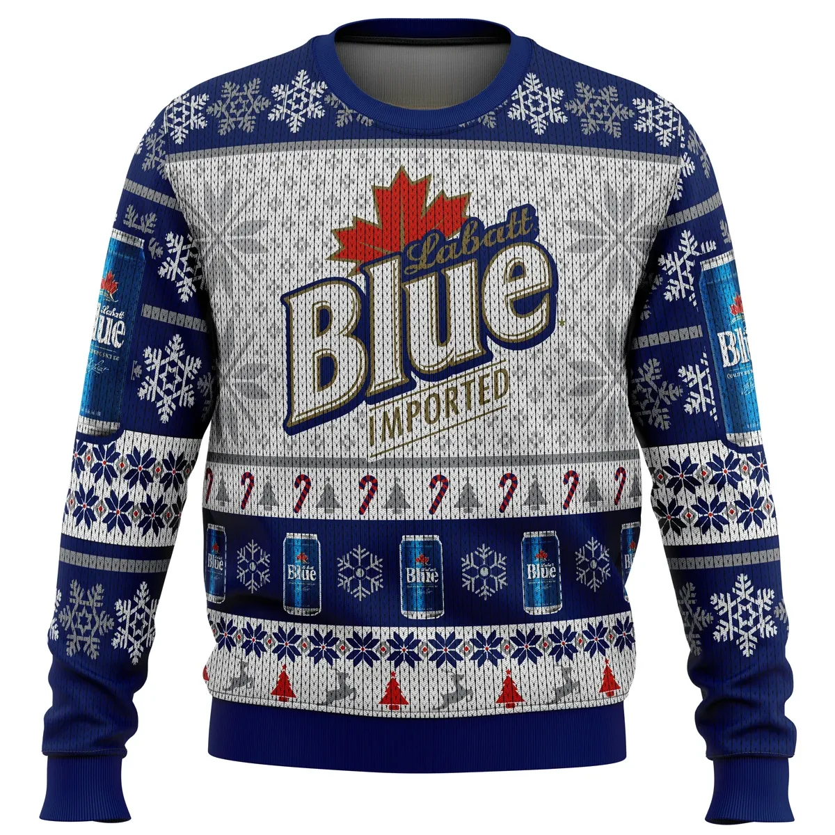 Labatt Blue Ugly Christmas Sweater, Canadian Beer Holiday Sweater, Red Maple Leaf Logo Xmas Sweatshirt, Beer Lover Christmas Party Gift