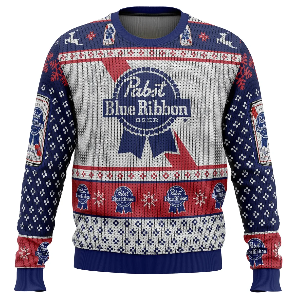 Pabst Blue Ribbon Ugly Christmas Sweater, PBR Beer Holiday Sweater, Retro Beer Can Drinking Xmas Party Gift, Unisex All Over Print Sweatshirt