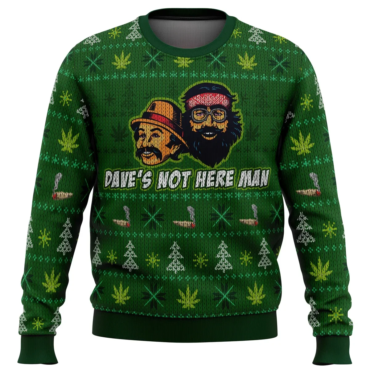 Cheech and Chong Dave's Not Here Man Ugly Christmas Sweater, Stoner Comedy Holiday Sweater, Green Leaf Pattern Movie Xmas Gift for 420 Fans