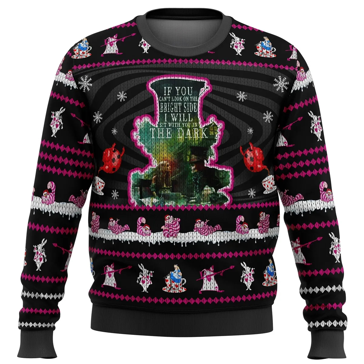 Mad Hatter Alice In Wonderland Ugly Christmas Sweater, Cheshire Cat and White Rabbit Holiday Sweatshirt, Movie Xmas Gift for Fans