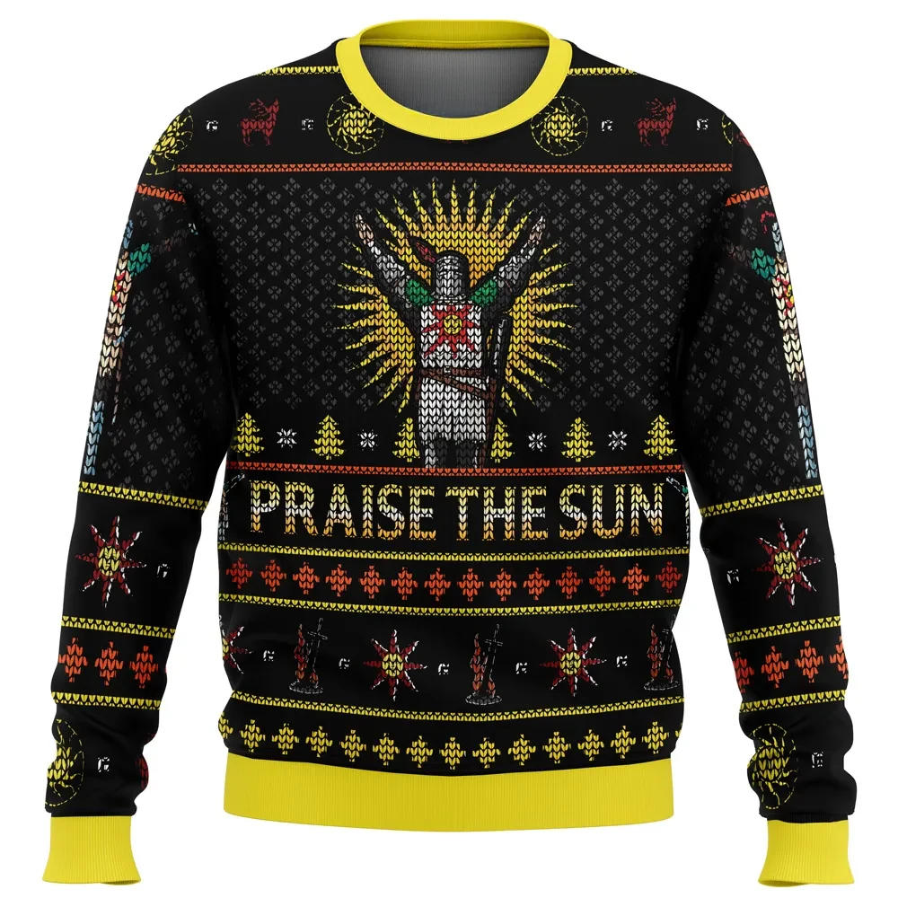 Dark Souls Praise the Sun Ugly Christmas Sweater, Solaire of Astora Gamer Holiday Sweater, Unisex All Over Print Gaming Xmas Gift for Fans