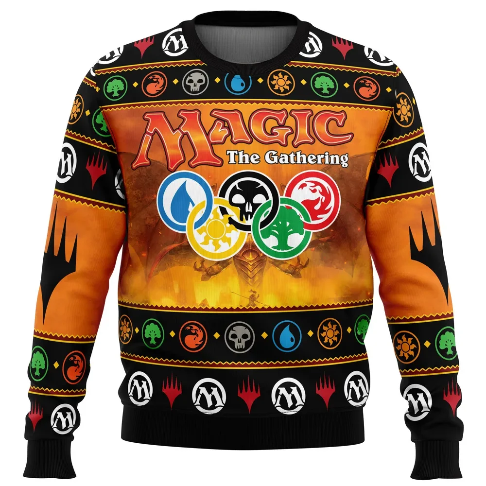 Magic Arena Magic the Gathering Ugly Christmas Sweater, MTG Five Mana Symbols Holiday Sweater, Card Game Gamer Xmas Gift for Players