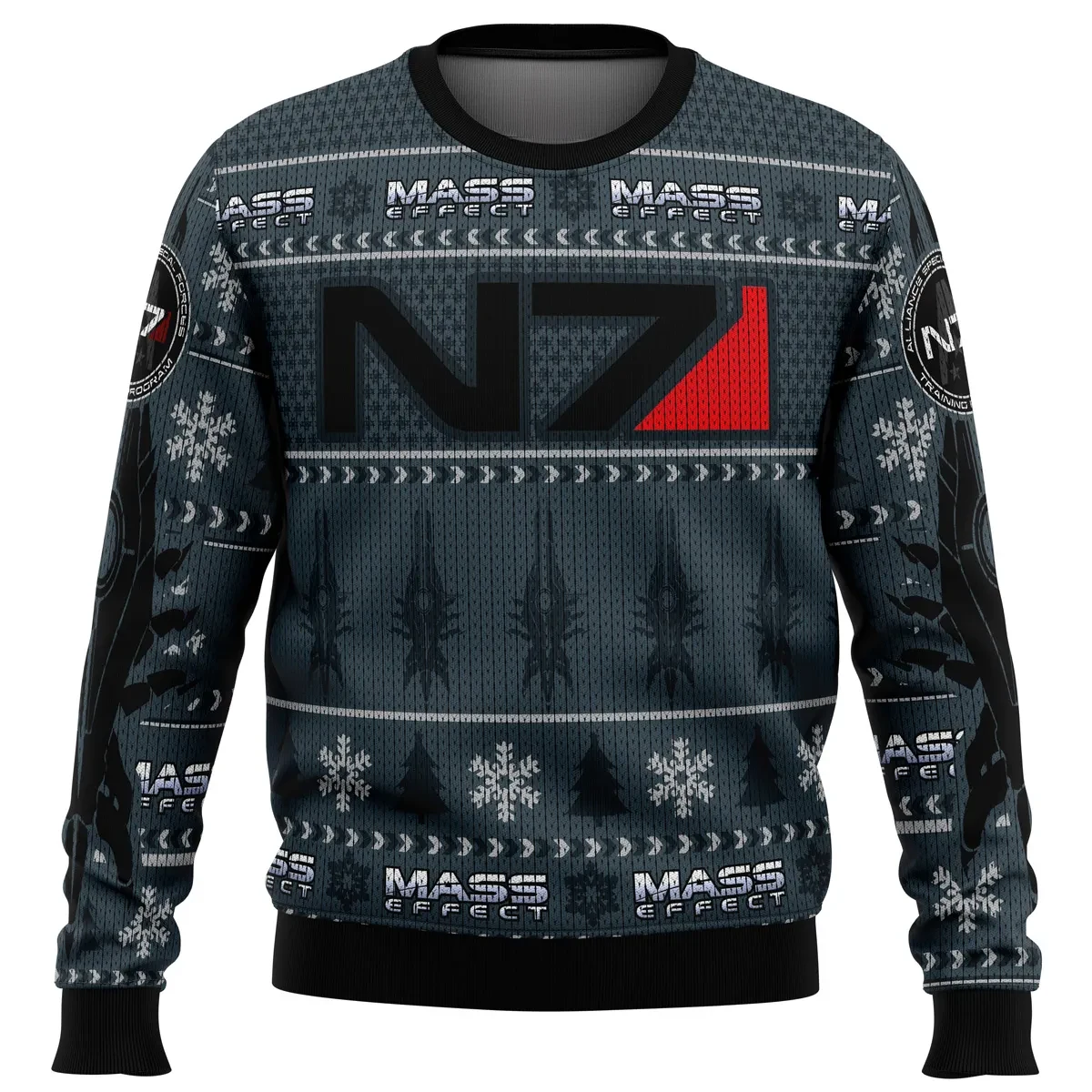 Mass Effect N7 Ugly Christmas Sweater, Mass Effect Holiday Sweater, Red and Black Logo Sci-Fi RPG Unisex Pullover, Gamer Xmas Gift