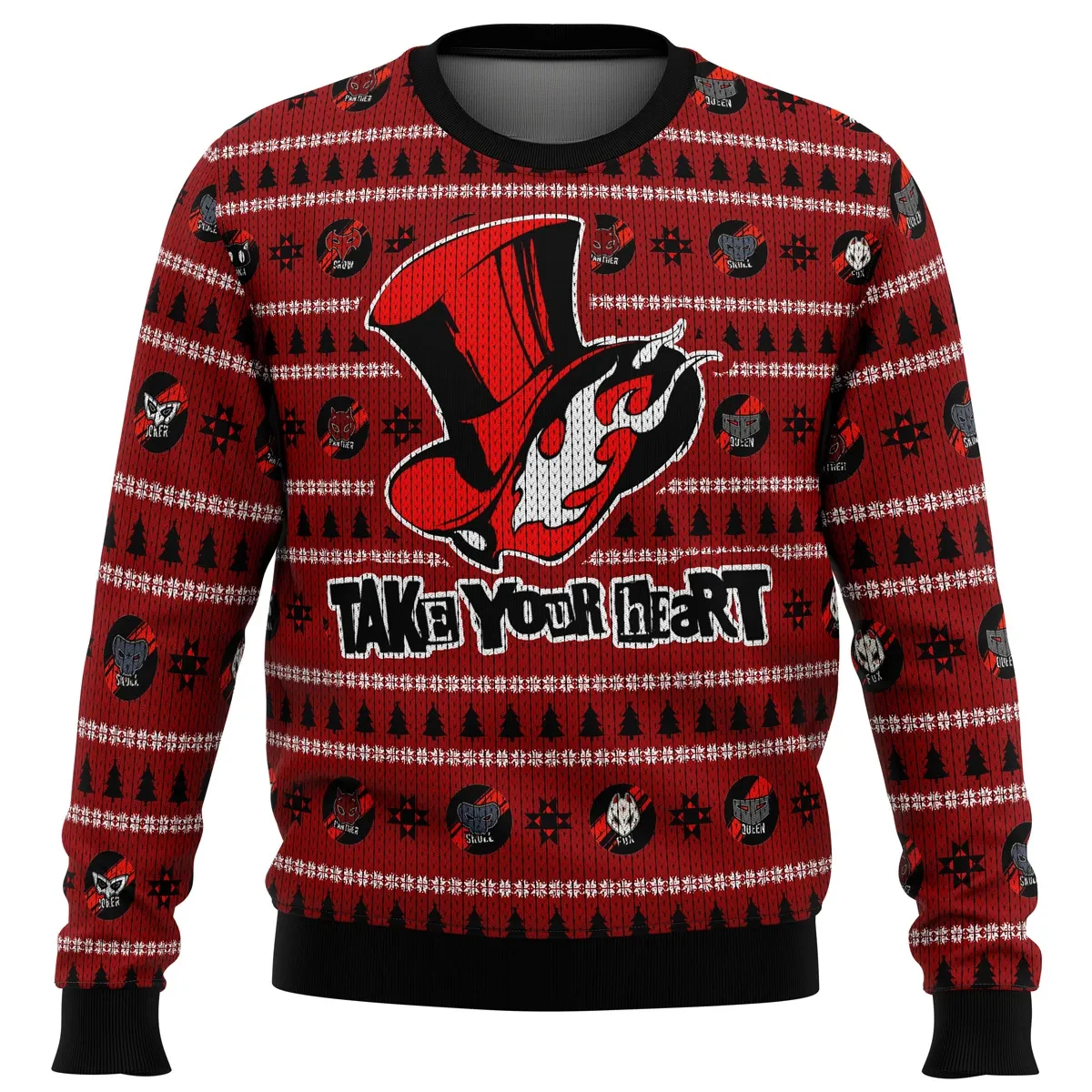 Persona 5 Take Your Heart Ugly Christmas Sweater, Phantom Thieves Calling Card Holiday Sweater, Unisex All Over Print Xmas Sweatshirt, Gamer Gift