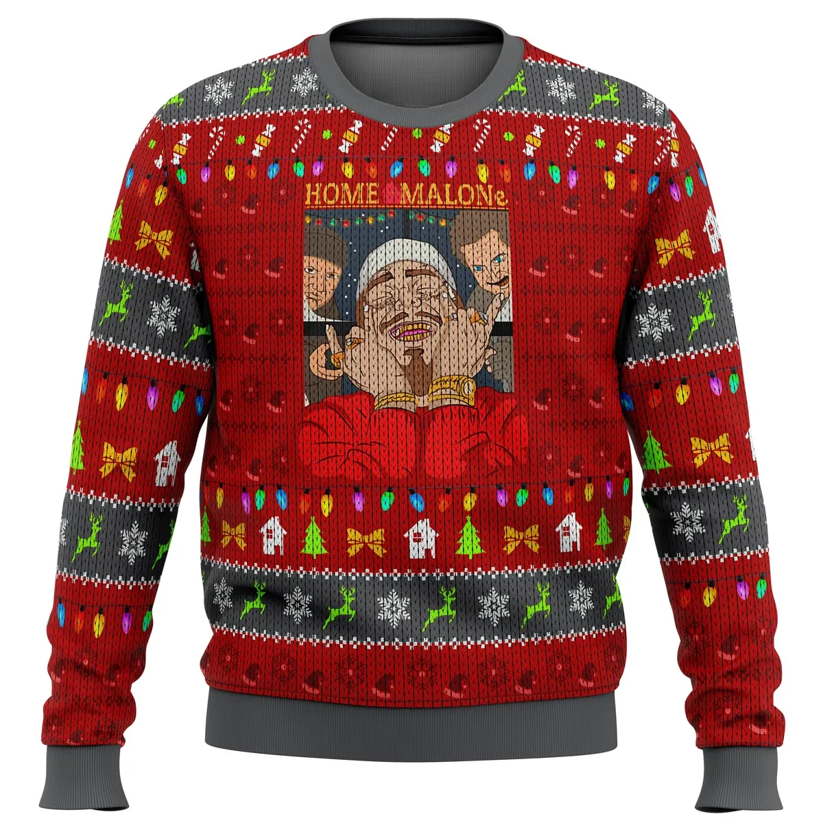 Home Malone Meme Ugly Christmas Sweater, Funny Home Alone Parody Holiday Sweater, Christmas Lights Rapper Xmas Gift for Music Fans