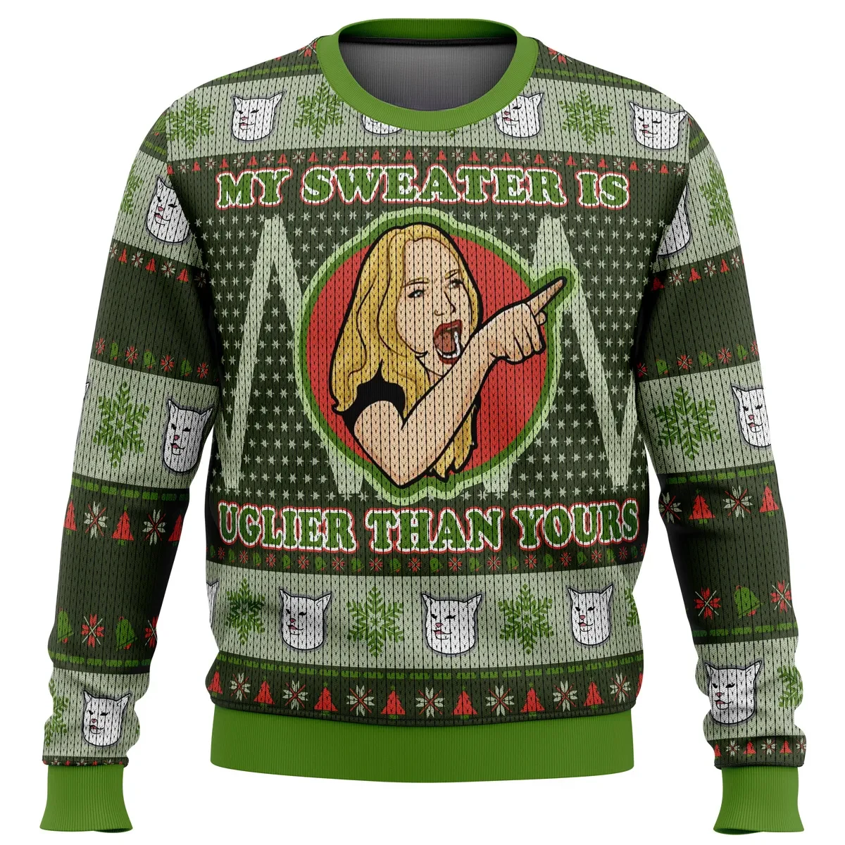Karen Yelling at Grumpy Cat Meme Ugly Christmas Sweater, My Sweater Is Uglier Than Yours, Funny Meme Xmas Holiday Jumper