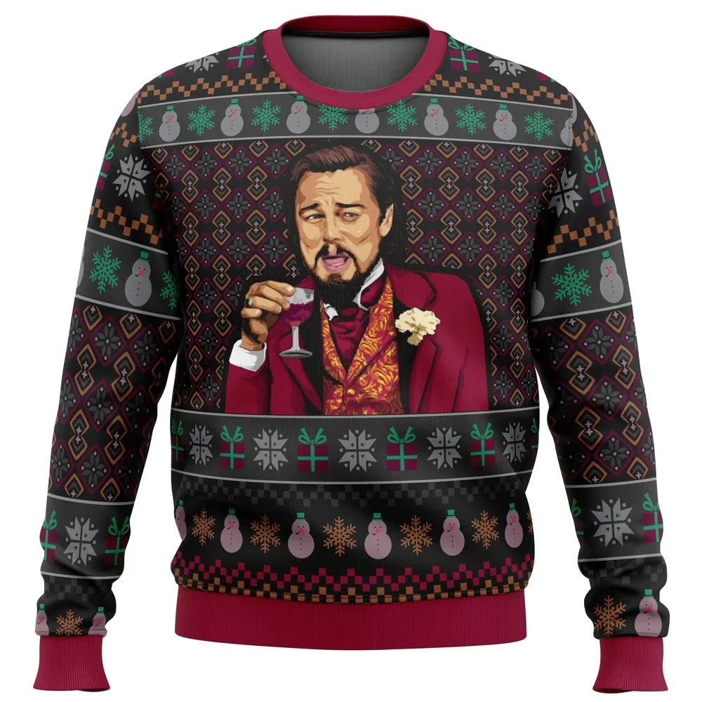 Laughing Leo DiCaprio Meme Ugly Christmas Sweater, Funny Holiday Sweater with Wine Glass Toast, Unisex Xmas Sweatshirt, Party Gift for Movie Fans