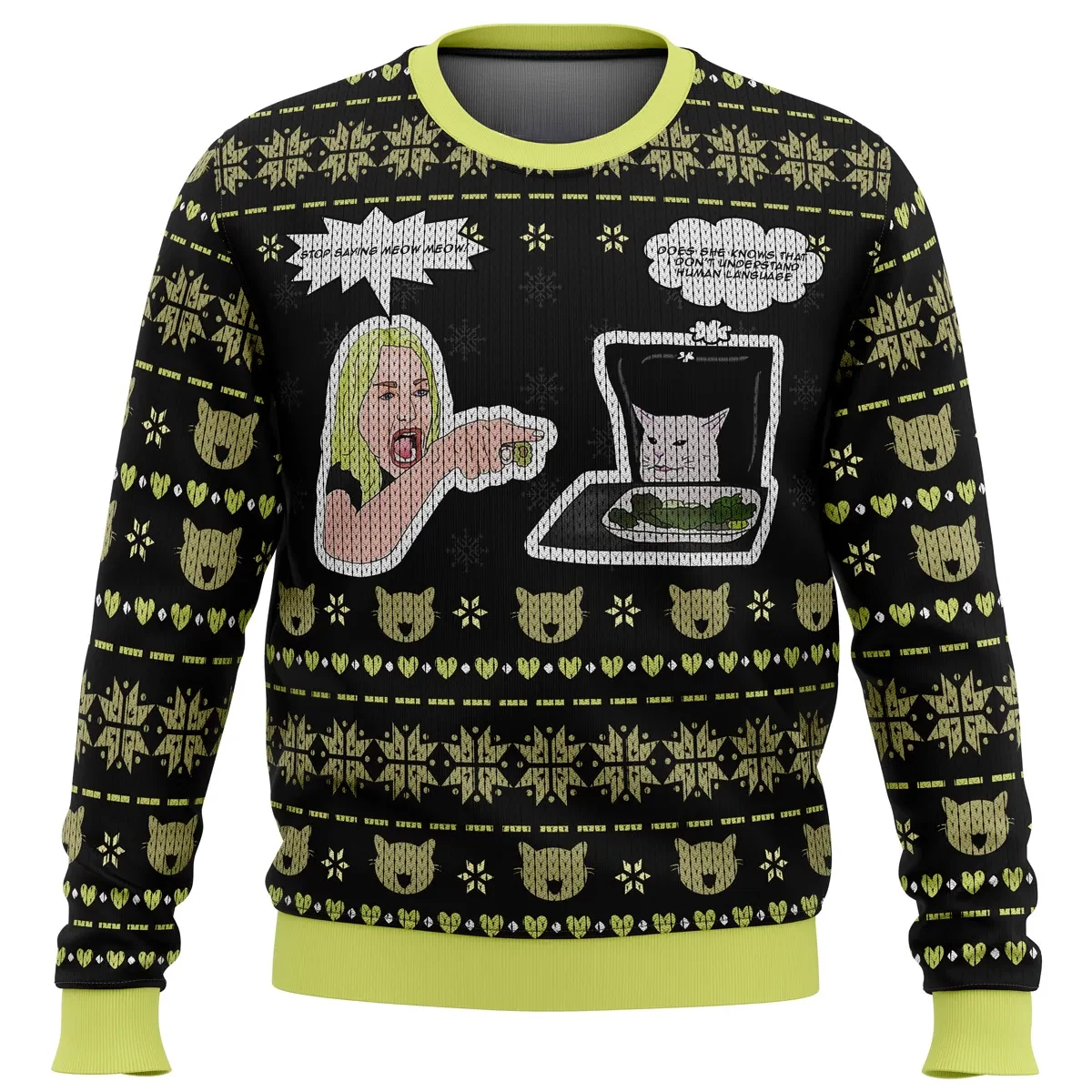 Woman Yelling At Cat Meme Ugly Christmas Sweater, Smudge the Cat Funny Meme Holiday Sweater, Internet Humor Xmas Party Gift for Cat Lovers