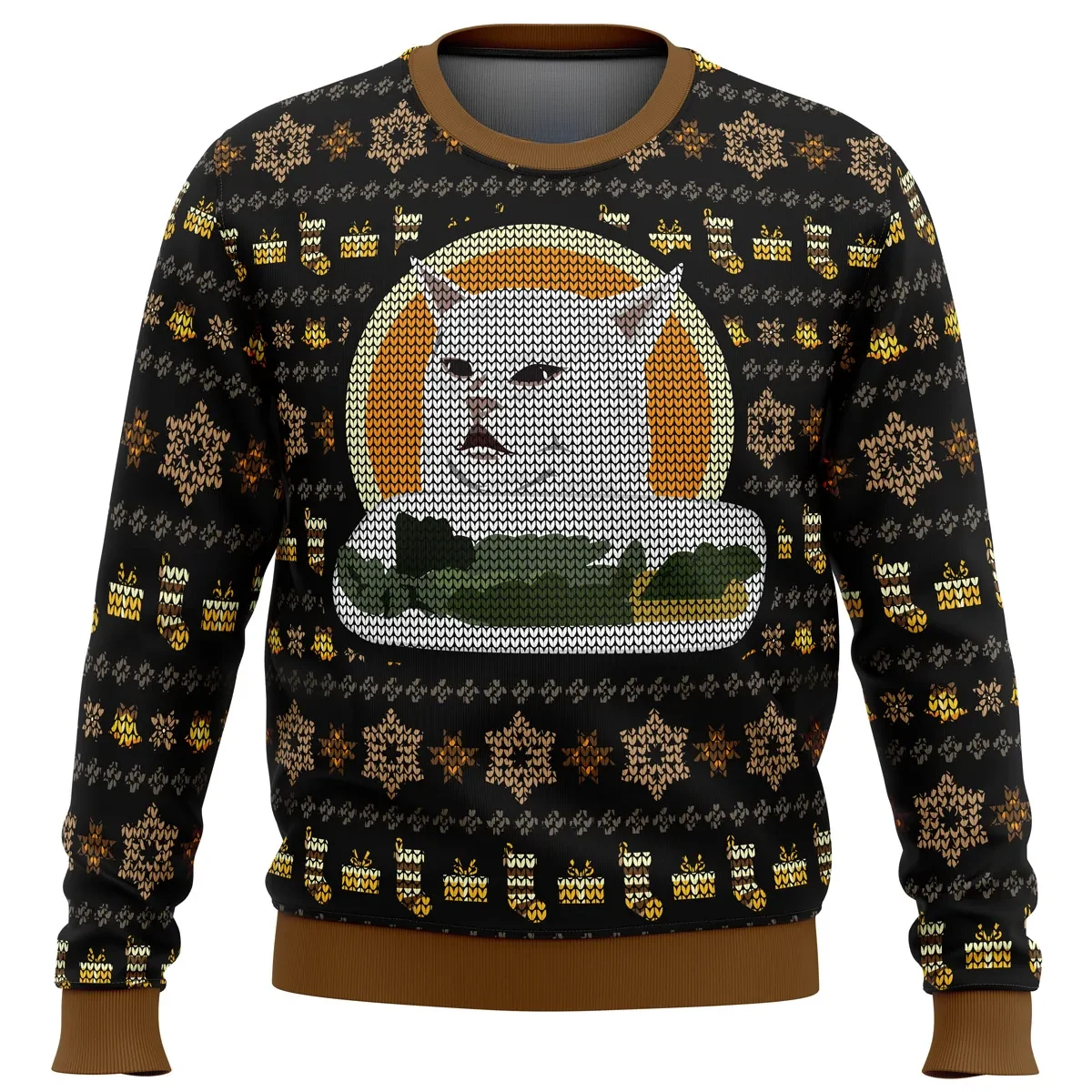 Woman Yelling At Cat Meme Ugly Christmas Sweater, Smudge the Cat Funny Holiday Sweater, Unisex All Over Print Xmas Sweatshirt, Meme Lover Gift
