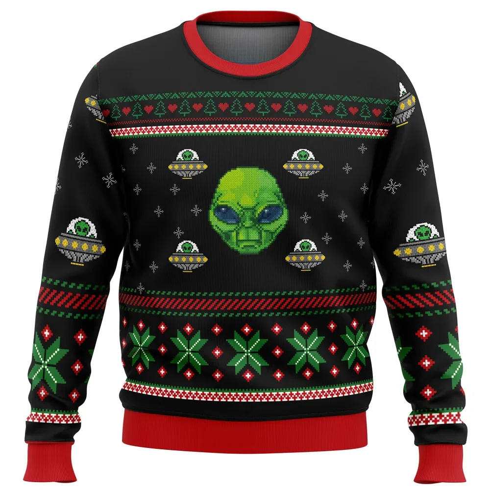Area 51 Alien Ugly Christmas Sweater, Funny UFO Flying Saucer Holiday Sweater, Green Alien Head Sci-Fi Xmas Gift for Space Lovers