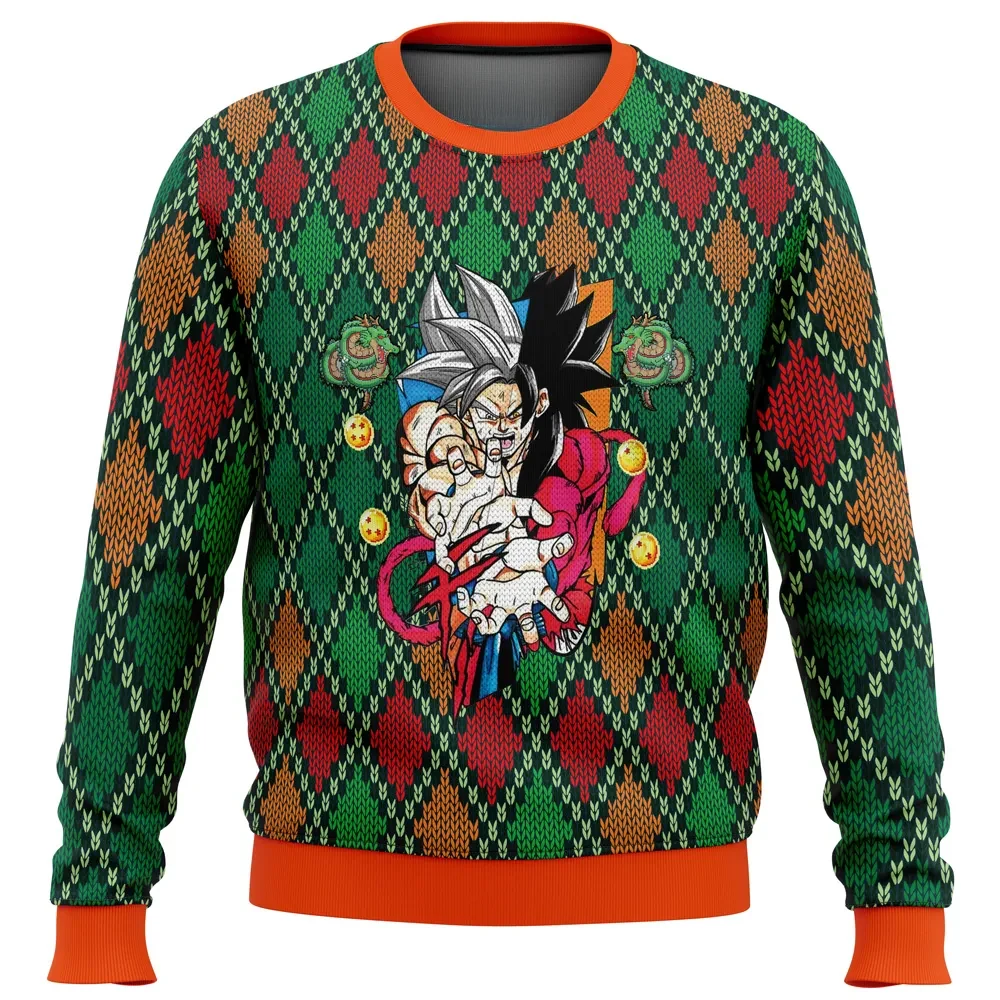 Dragon Ball Z SSJ4 Goku Ugly Christmas Sweater, DBZ Anime Holiday Sweater, Super Saiyan 4 Argyle Xmas Gift, Unisex All Over Print Sweatshirt