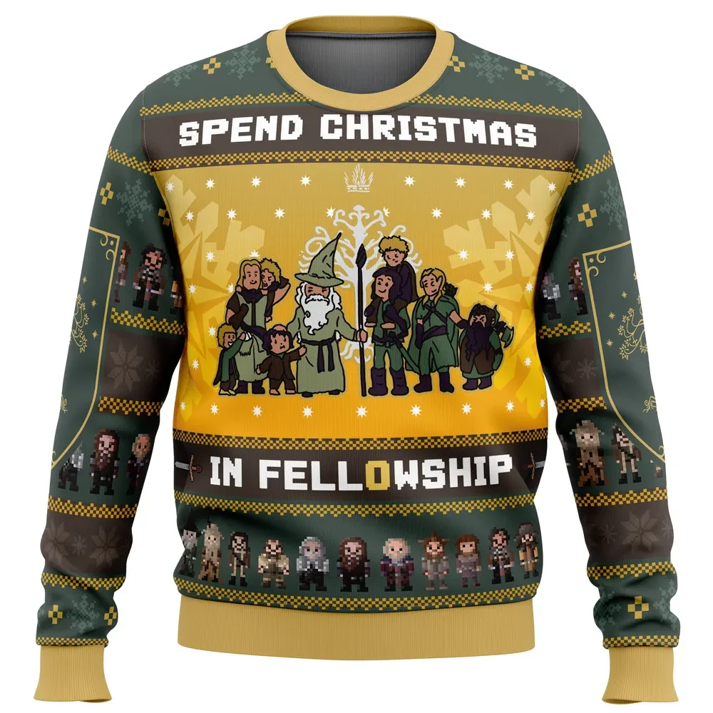 Spend Christmas in Fellowship Lord of the Rings Ugly Christmas Sweater, LOTR Gandalf and Hobbits Holiday Sweater, Movie Xmas Gift for Fans