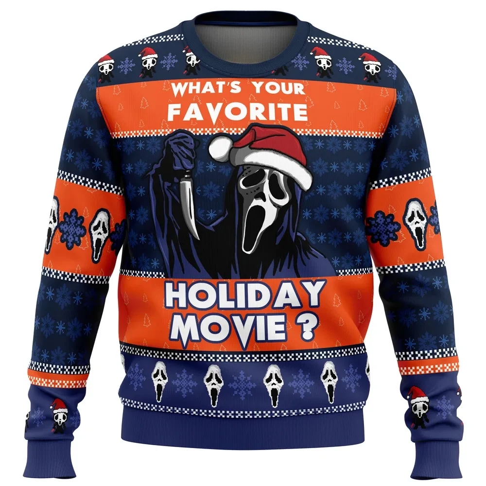 Holiday Scream Ugly Christmas Sweater, Ghostface What's Your Favorite Holiday Movie, Funny Horror Movie Xmas Gift for Slasher Fans