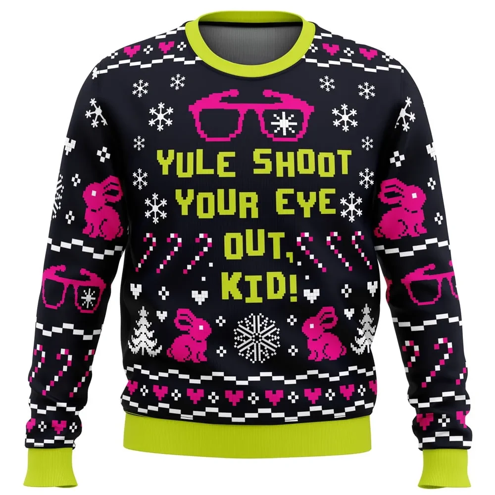Yule Shoot Your Eye Out Kid A Christmas Story Ugly Christmas Sweater, Movie Holiday Sweater, Pink Bunny Ralphie Glasses Funny Xmas Gift