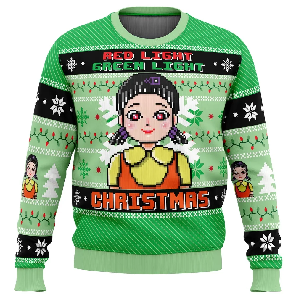 Red Light Green Light Squid Game Ugly Christmas Sweater, Pixel Young-hee Doll Holiday Sweater, Korean TV Show Xmas Gift for Drama Fans