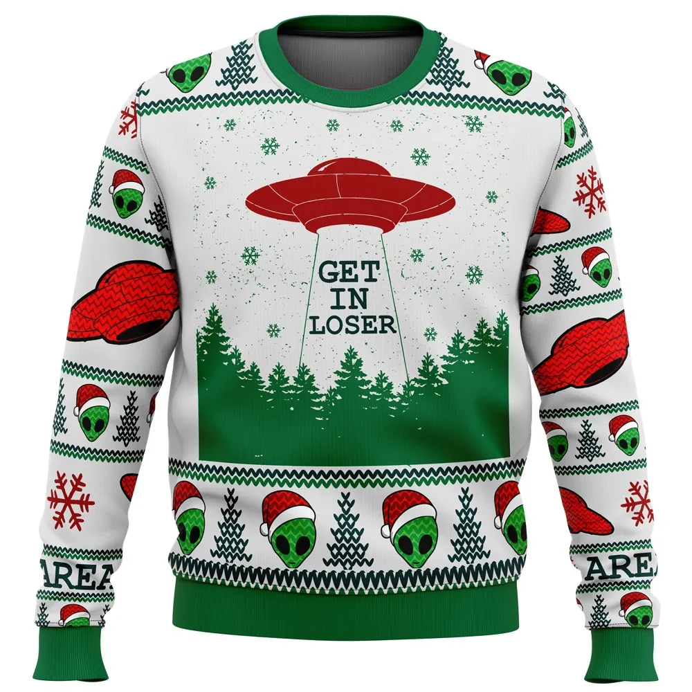 Area 51 Get in Loser Ugly Christmas Sweater, UFO Alien Holiday Sweater, Santa Hat Aliens, Funny Xmas Gift, Unisex Sweatshirt for Sci-Fi Fans