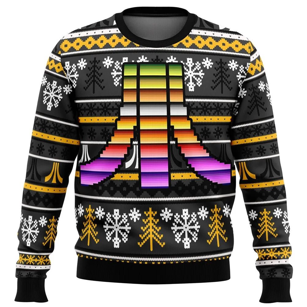 Atari Ugly Christmas Sweater, Rainbow Logo Retro Video Game Holiday Sweater, Unisex All Over Print Gamer Xmas Gift for Arcade Fans