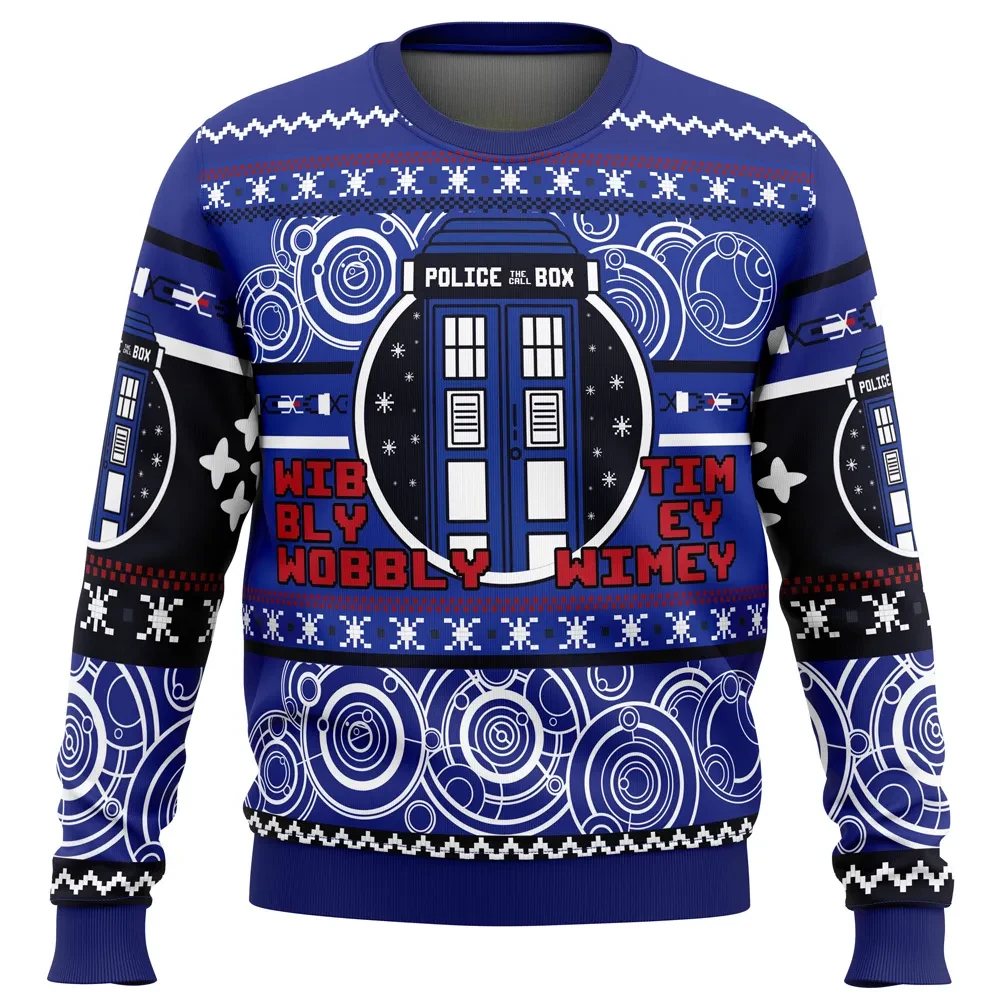 Christmas Through Time And Space Doctor Who Ugly Christmas Sweater, TARDIS Wibbly Wobbly Timey Wimey Holiday Sweater, Whovian Xmas Gift