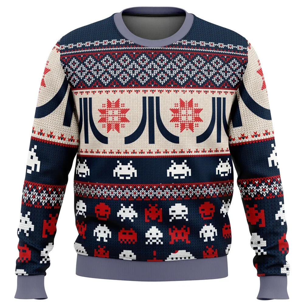 Atari Classic Logo Ugly Christmas Sweater, Retro Gaming Space Invaders Holiday Sweater, Pixel Alien Arcade Gamer Xmas Gift for 80s Kids