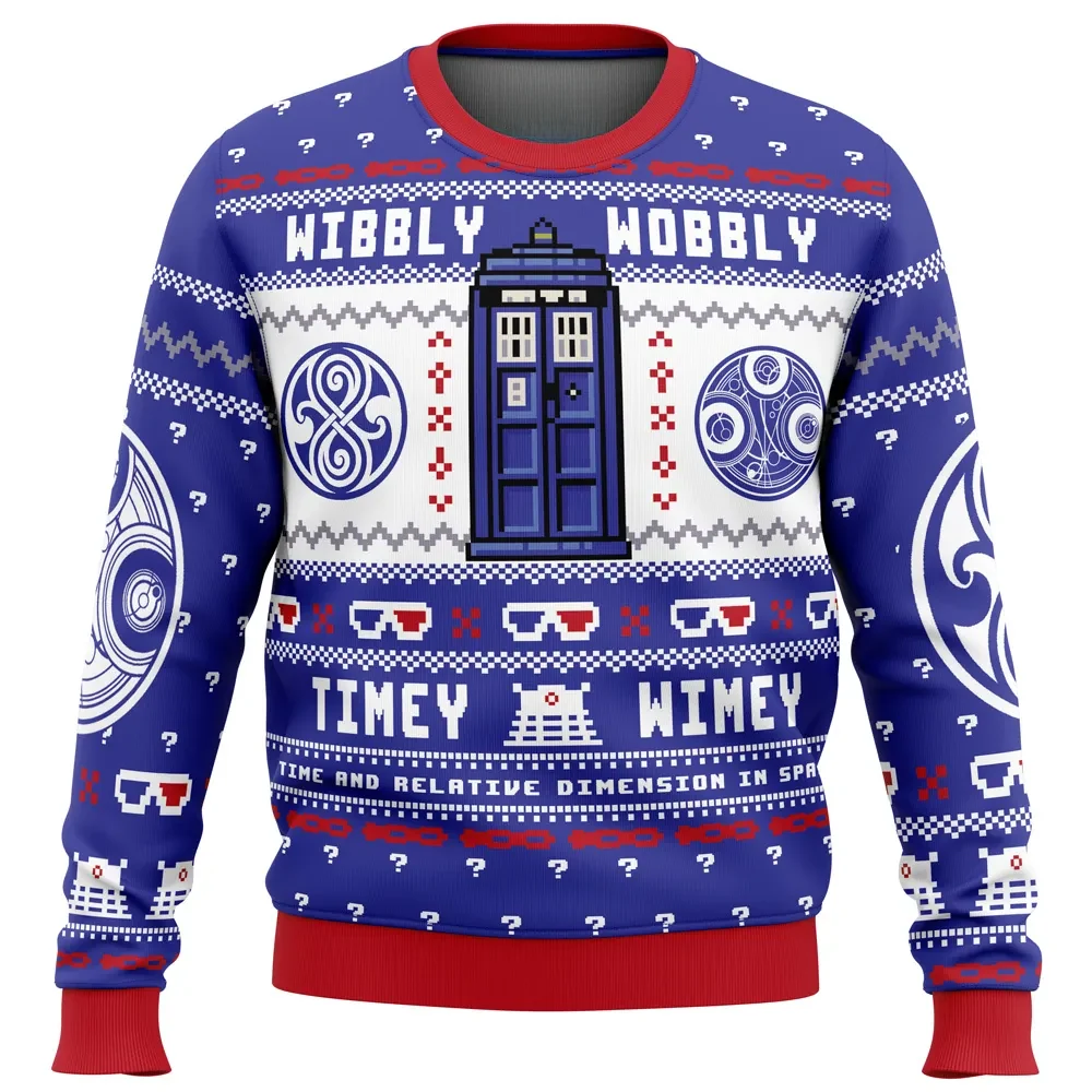 Wibbly Wobbly Timey Wimey Doctor Who Ugly Christmas Sweater, TARDIS and Daleks Holiday Sweater, Whovian TV Show Xmas Gift, Unisex Pullover