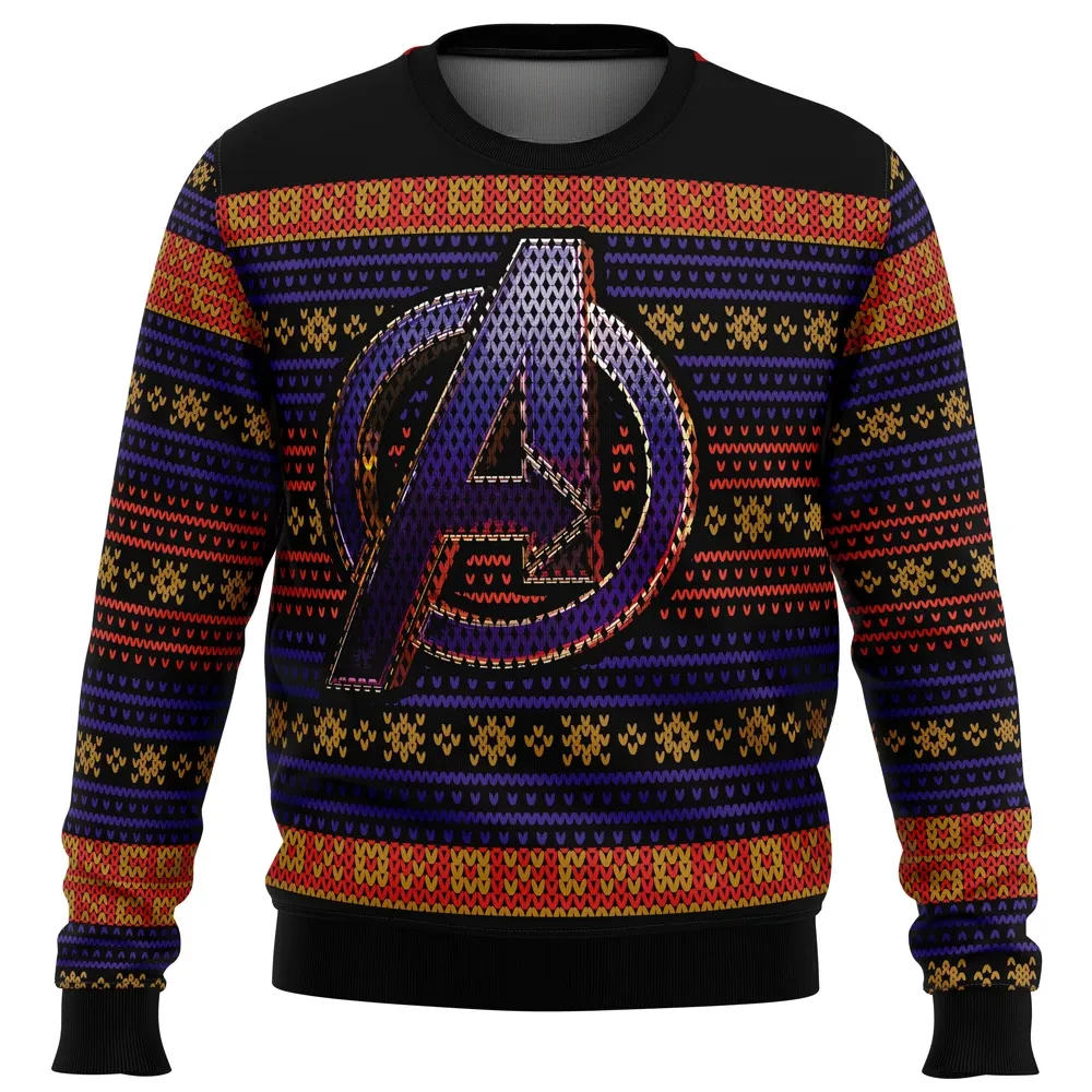 Avengers Logo Ugly Christmas Sweater, Marvel Holiday Sweater, Superhero Xmas Gift, Navy and Red Striped Unisex All Over Print Pullover