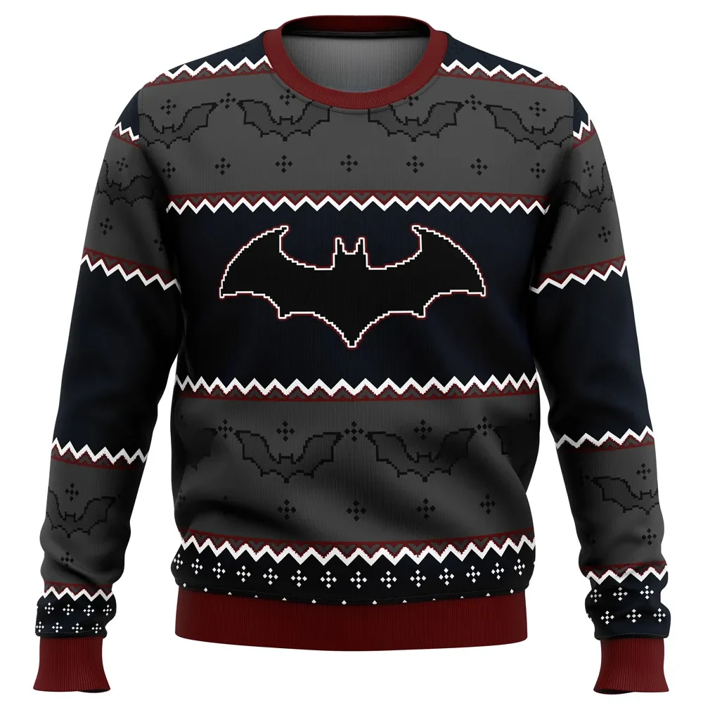 Batman Dark Ugly Christmas Sweater, Dark Knight Bat Logo Holiday Sweater, Gray and Navy Unisex All Over Print Sweatshirt, DC Superhero Xmas Gift