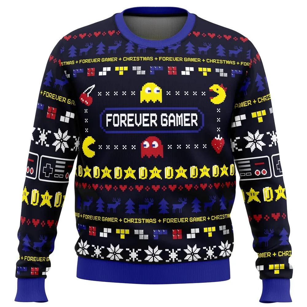 Forever Gamer Christmas Pac-Man Ugly Christmas Sweater, Arcade Ghosts and Controllers Retro Gamer Holiday Sweater, Video Game Xmas Gift