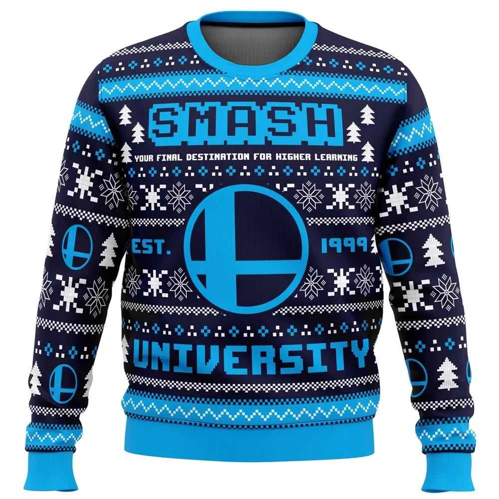 Smash University Super Smash Bros Ugly Christmas Sweater, Smash Bros Nintendo Gamer Holiday Sweater, Unisex All Over Print Xmas Jumper