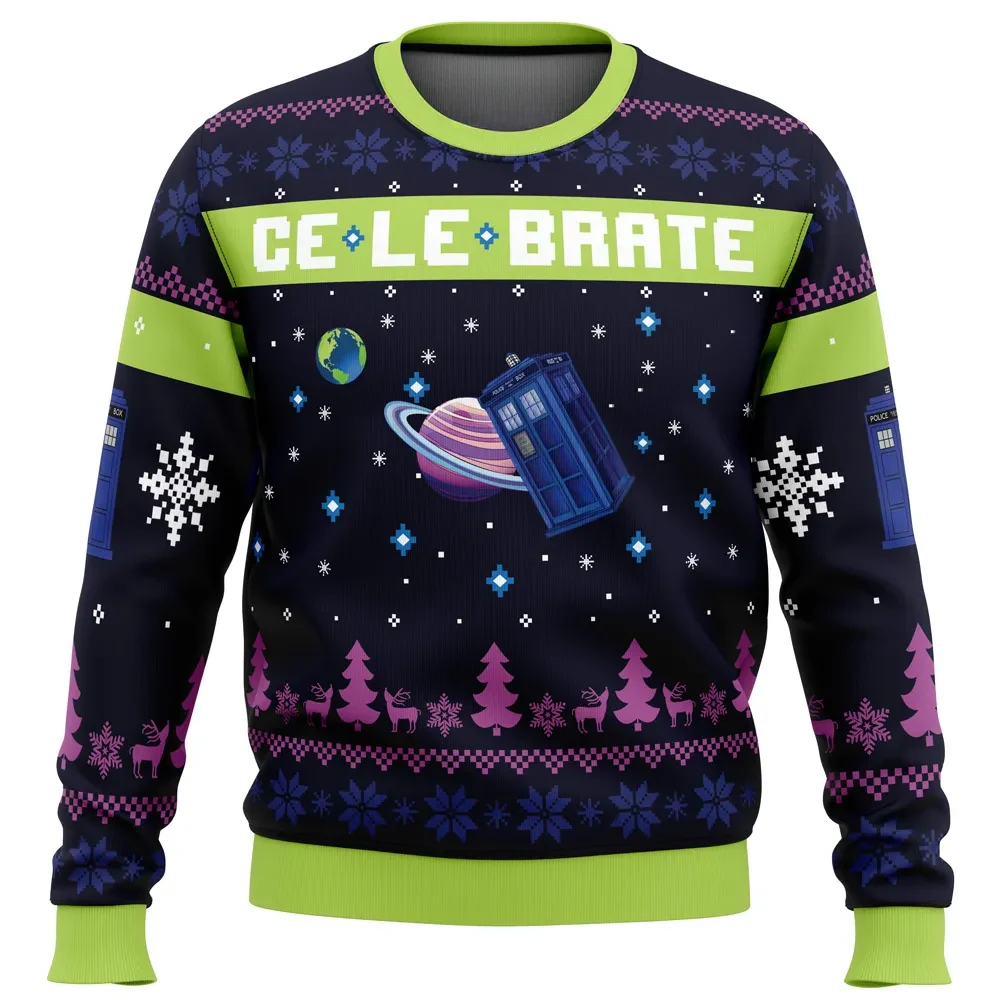Celebrate Christmas in Gallifrey Doctor Who Ugly Christmas Sweater, TARDIS Holiday Sweater, Whovian Xmas Gift, Unisex All Over Print Sweatshirt