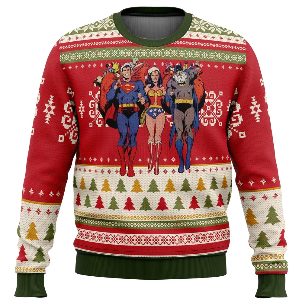 Batman Superman Wonder Woman Ugly Christmas Sweater, Justice League Holiday Sweater in Santa Hats, Unisex Pullover, DC Superhero Xmas Gift
