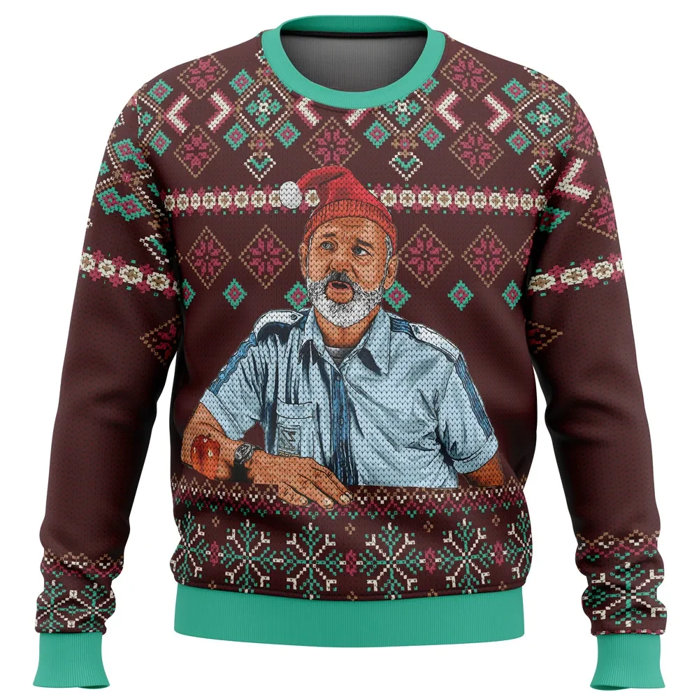 Bill Murray Ugly Christmas Sweater, Steve Zissou Life Aquatic Holiday Sweater, Santa Hat Portrait Sweatshirt, Funny Movie Xmas Gift