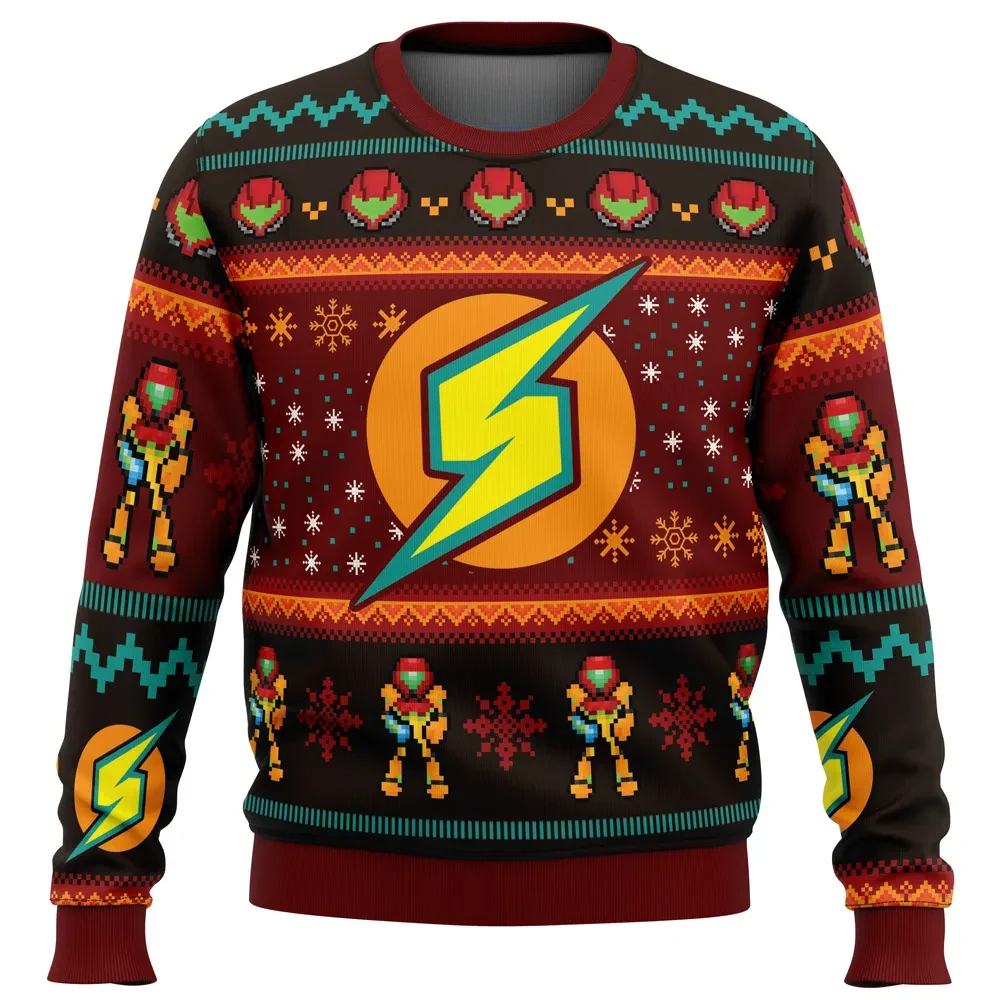 Samus Metroid Ugly Christmas Sweater, Samus Aran Holiday Sweater, Screw Attack Emblem Pullover, Retro Nintendo Gamer Xmas Gift