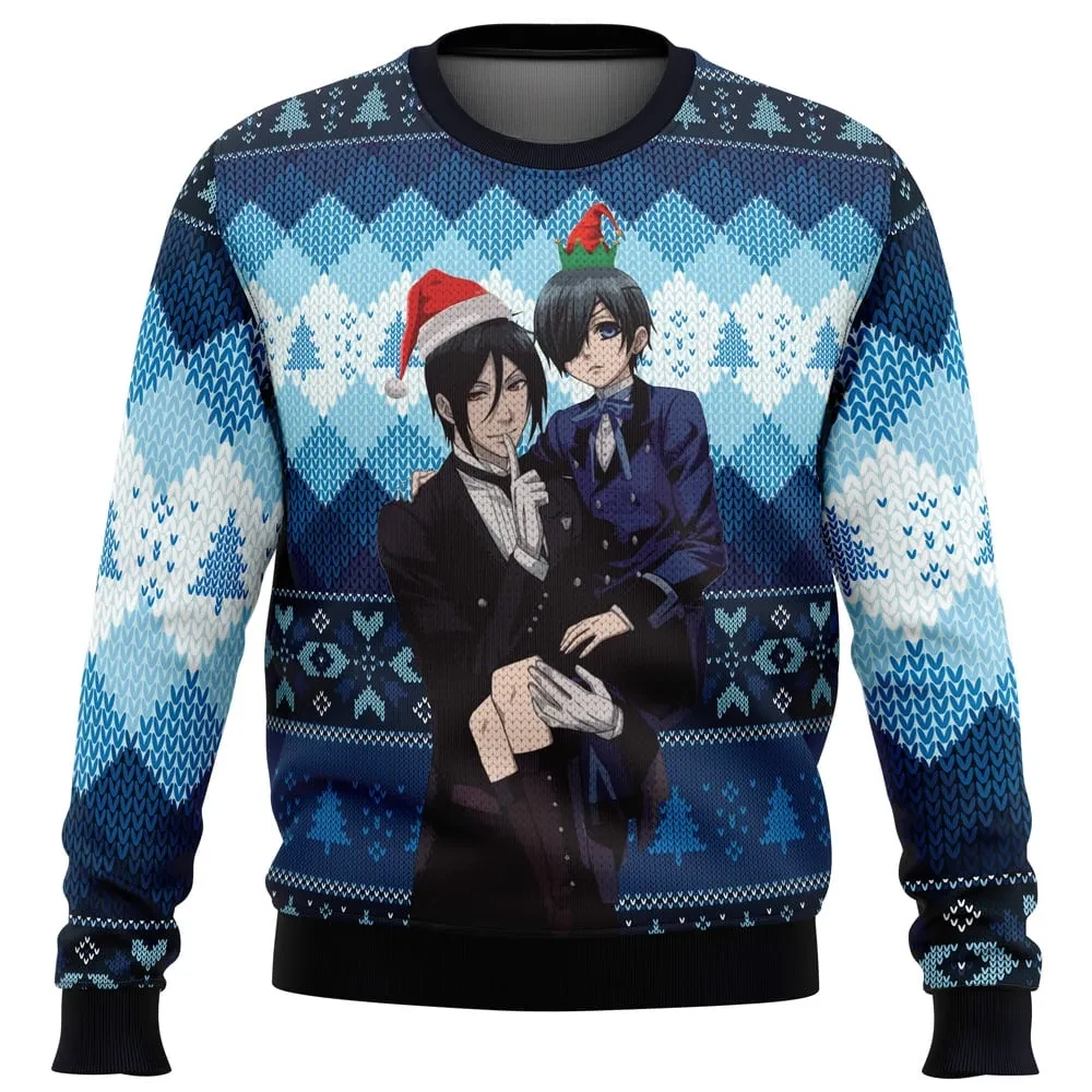 Black Butler Ugly Christmas Sweater, Sebastian and Ciel in Santa Hats Holiday Sweater, Kuroshitsuji Anime Xmas Gift for Manga Fans