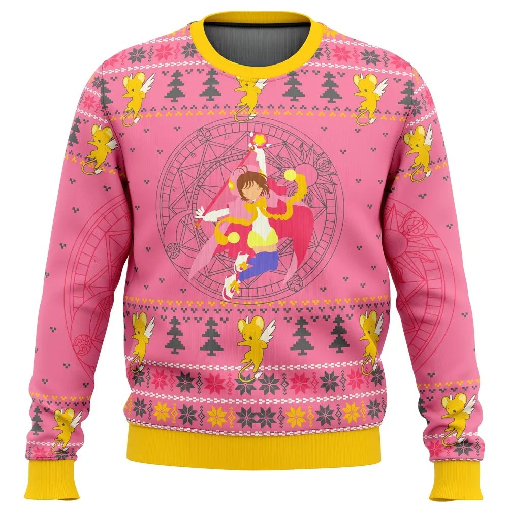 Cardcaptor Sakura Ugly Christmas Sweater, Sakura and Kero Holiday Sweater, Clow Card Magic Circle Pink Magical Girl Anime Xmas Gift